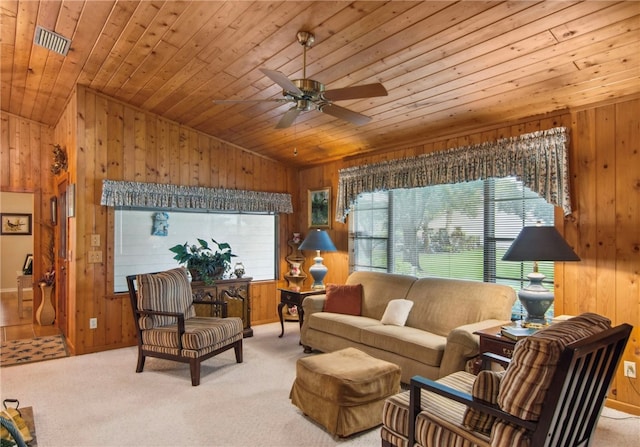 living room featuring wooden walls, vaulted ceiling, and wooden ceiling