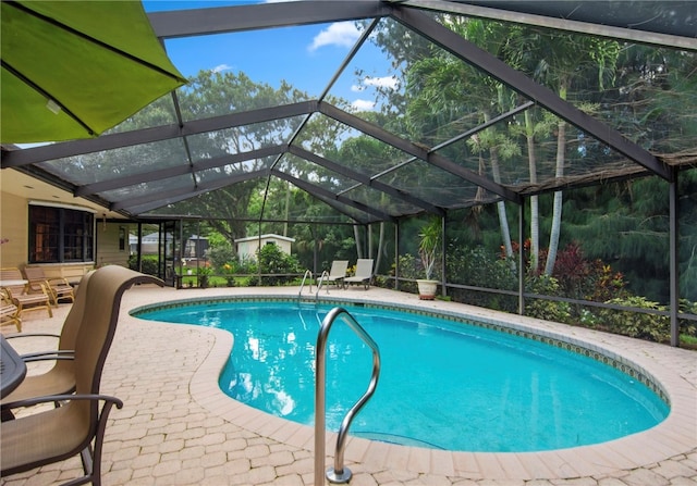 view of swimming pool with a patio and a lanai