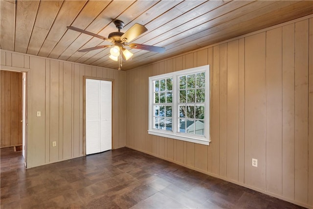 spare room with wood ceiling and ceiling fan