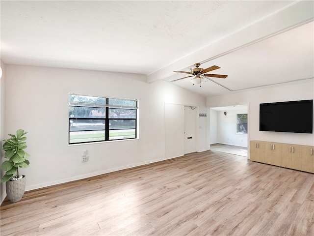 unfurnished living room with lofted ceiling with beams, ceiling fan, and light hardwood / wood-style flooring