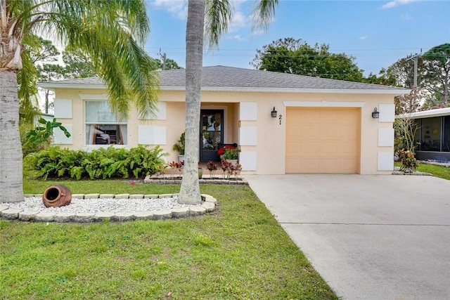 ranch-style home with a garage and a front lawn