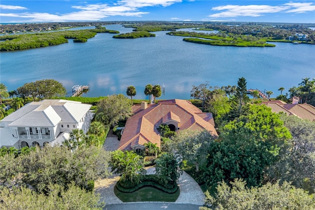 birds eye view of property with a water view