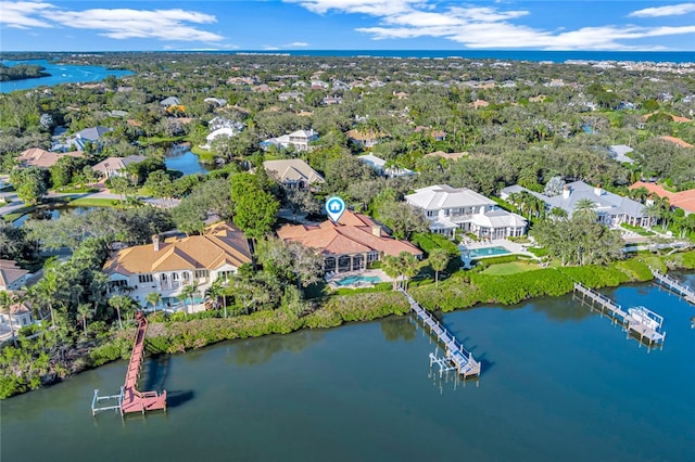 drone / aerial view featuring a water view