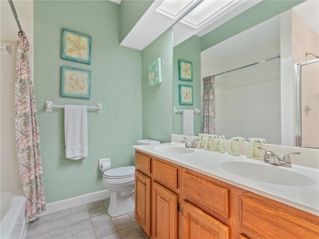 full bathroom with vanity, shower / bath combo, tile patterned floors, a skylight, and toilet