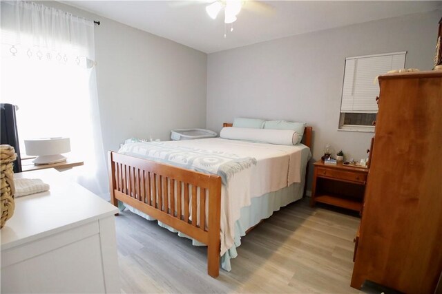 bedroom with ceiling fan and light wood-type flooring