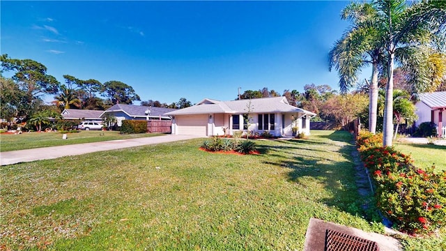 ranch-style house featuring a porch, a front yard, and a garage