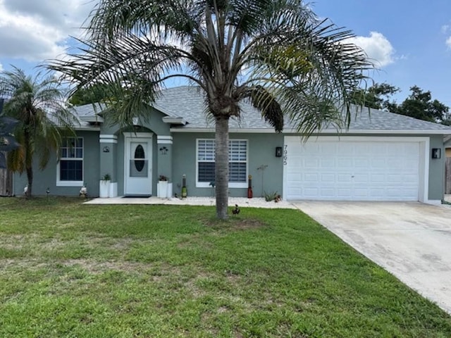 7965 105th Ave, Vero Beach, FL 32967 - ranch-style home featuring stucco siding, a garage, concrete driveway, a front lawn, and roof with shingles