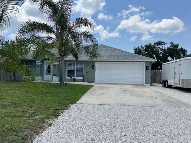 7965 105th Ave, Vero Beach, FL 32967 - ranch-style house featuring driveway, a garage, stucco siding, and roof with shingles