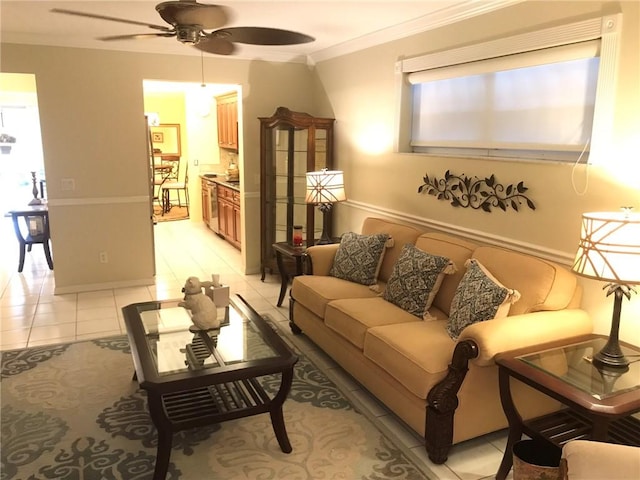 620 E Lake Jasmine Cir Unit 102, Vero Beach, FL 32962 - living room featuring crown molding, ceiling fan, and light tile patterned flooring