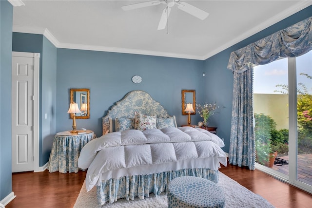 bedroom featuring access to exterior, dark hardwood / wood-style flooring, ornamental molding, and ceiling fan