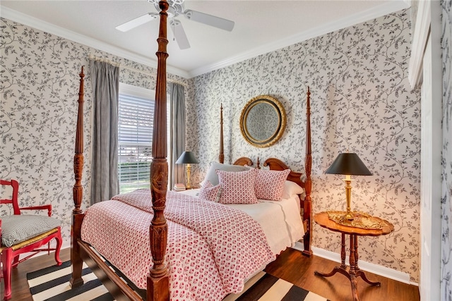 bedroom with ceiling fan, dark hardwood / wood-style floors, and crown molding