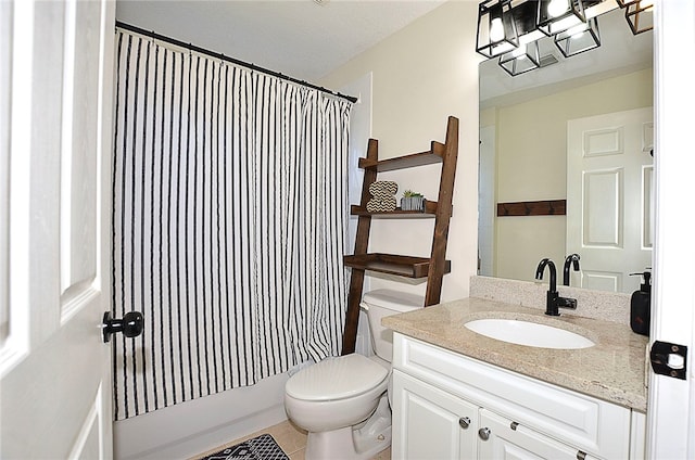 full bathroom with tile patterned flooring, shower / bath combination with curtain, a textured ceiling, vanity, and toilet