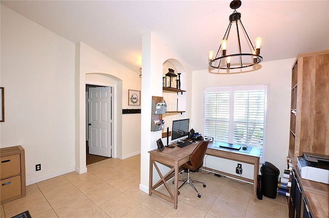 tiled office featuring an inviting chandelier and vaulted ceiling