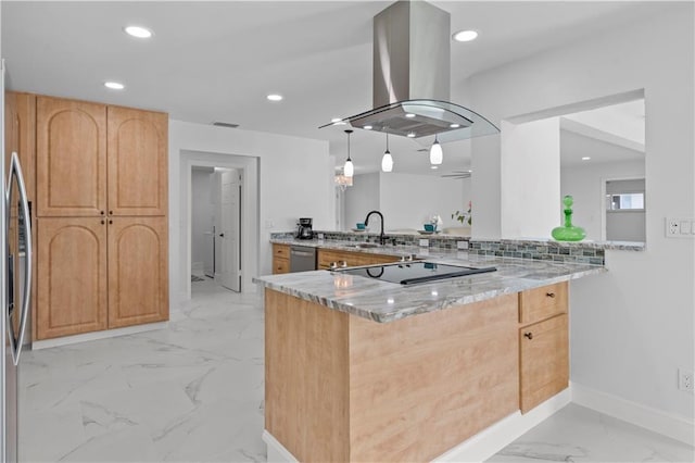 kitchen featuring light stone countertops, black electric stovetop, stainless steel dishwasher, island range hood, and kitchen peninsula