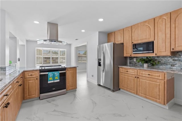 kitchen featuring stainless steel appliances, tasteful backsplash, kitchen peninsula, island range hood, and light stone counters