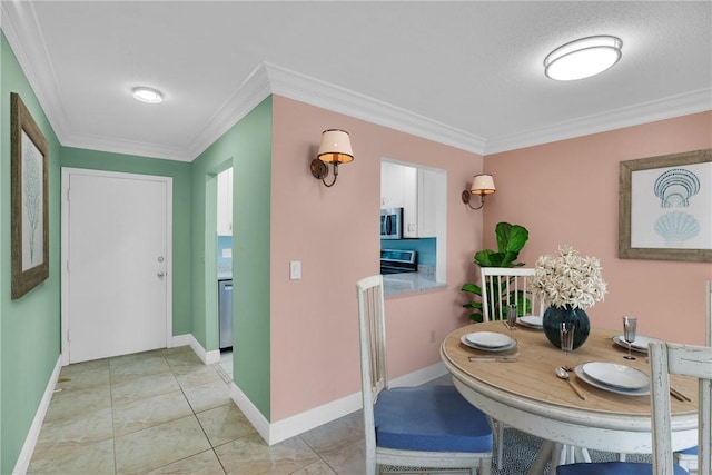 dining area featuring a textured ceiling, ornamental molding, and light tile patterned flooring