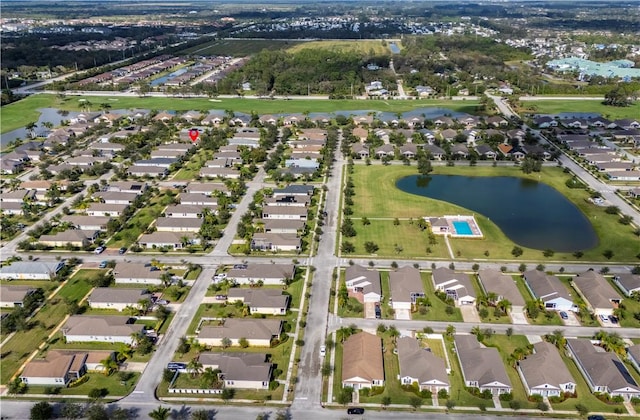 bird's eye view with a water view