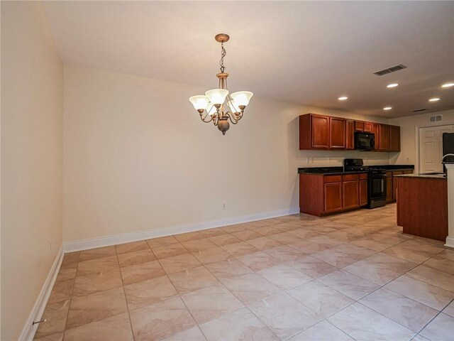 1544 Par Ct, Vero Beach, FL 32966 - kitchen featuring black appliances, dark countertops, a chandelier, recessed lighting, and pendant lighting
