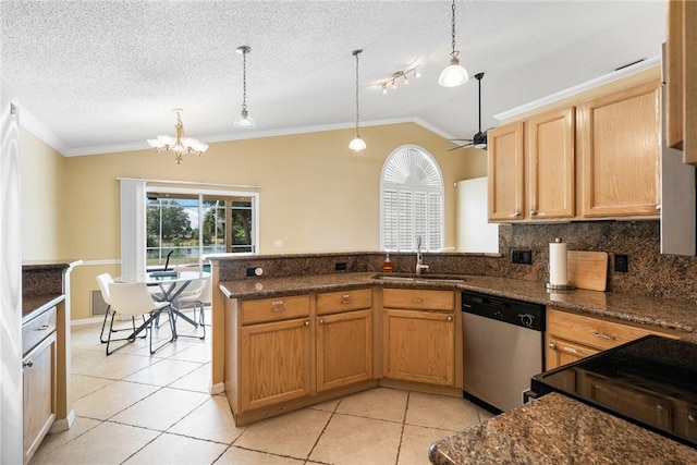 kitchen with a peninsula, stainless steel dishwasher, a sink, and ornamental molding