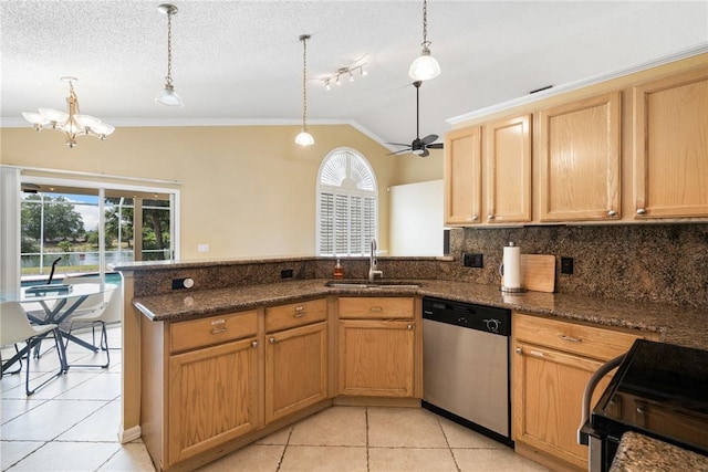 kitchen with light tile patterned floors, dishwasher, a sink, crown molding, and electric range