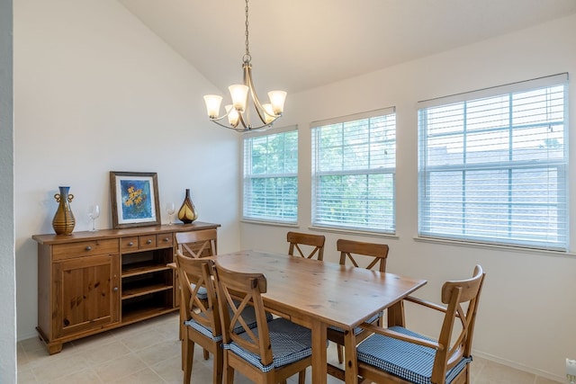 dining room featuring plenty of natural light, lofted ceiling, and a notable chandelier