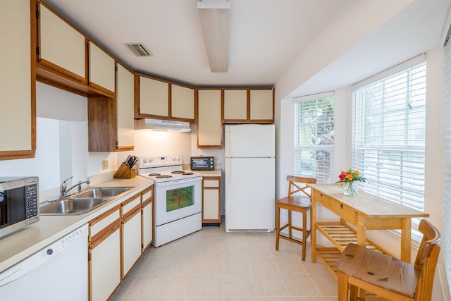 kitchen featuring white cabinetry, white appliances, and sink