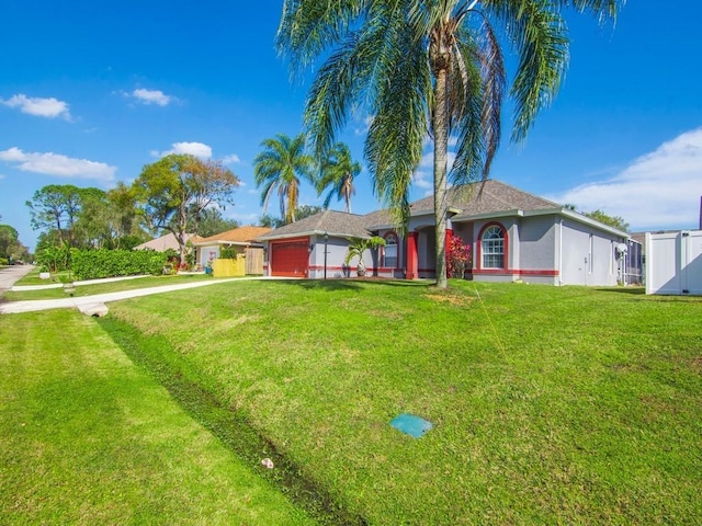 single story home with a garage and a front lawn