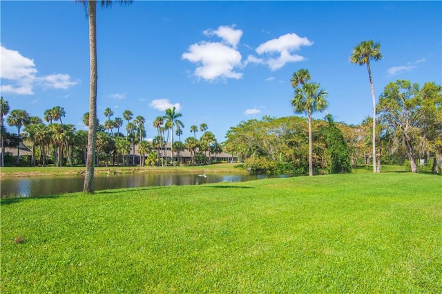 exterior space featuring a water view and a yard