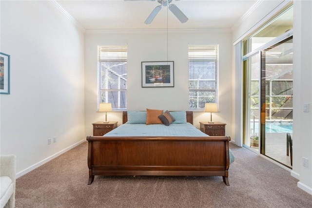 carpeted bedroom featuring crown molding, ceiling fan, and access to exterior