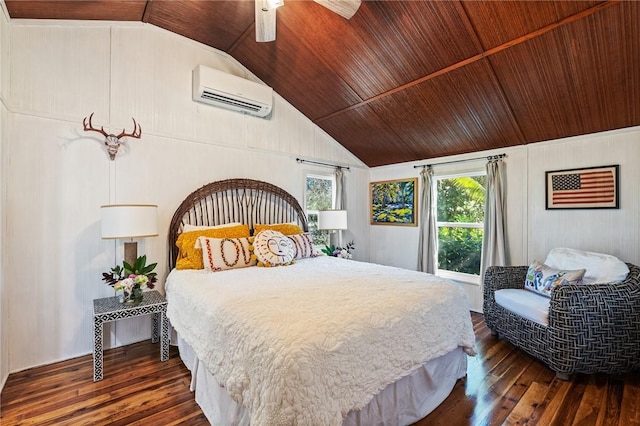 bedroom featuring wood ceiling, dark wood-type flooring, and a wall mounted AC