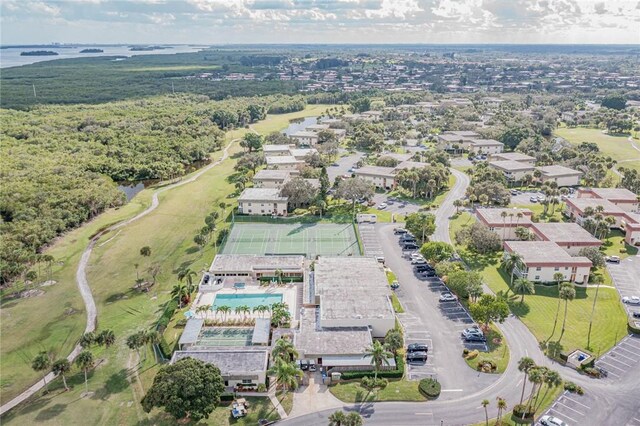 bird's eye view with a water view