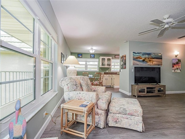 living room with dark wood-type flooring, ceiling fan, and a textured ceiling