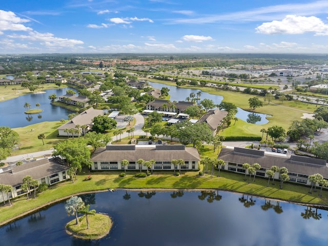 drone / aerial view featuring a water view