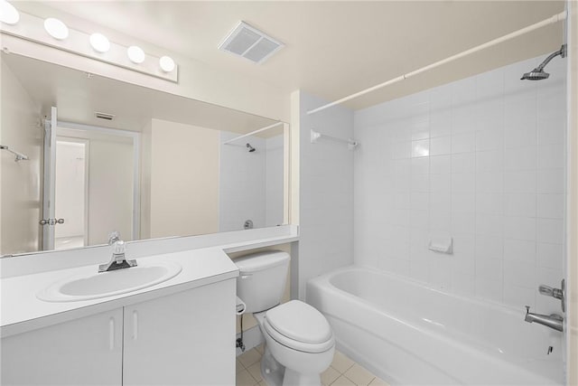 bathroom featuring visible vents, toilet, tile patterned flooring, tub / shower combination, and vanity