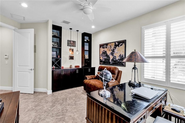 777 Fortunella Cir SW, Vero Beach, FL 32968 - home office with visible vents, recessed lighting, baseboards, and a ceiling fan