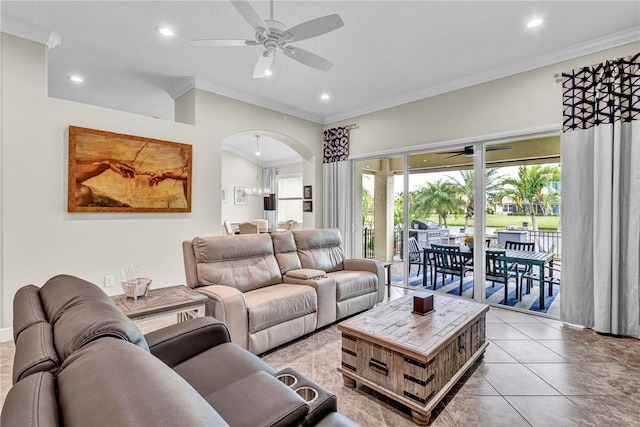 777 Fortunella Cir SW, Vero Beach, FL 32968 - living area with arched walkways, crown molding, a ceiling fan, and light tile patterned flooring