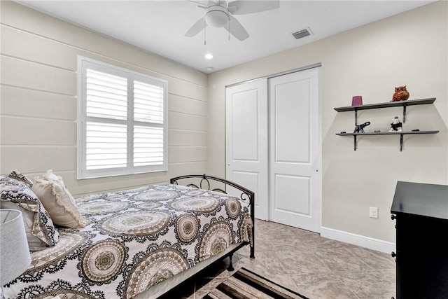777 Fortunella Cir SW, Vero Beach, FL 32968 - bedroom with a ceiling fan, baseboards, visible vents, and a closet