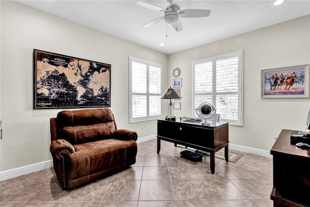 777 Fortunella Cir SW, Vero Beach, FL 32968 - home office with light tile patterned floors, recessed lighting, baseboards, and ceiling fan