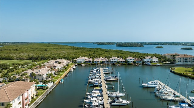 aerial view featuring a water view