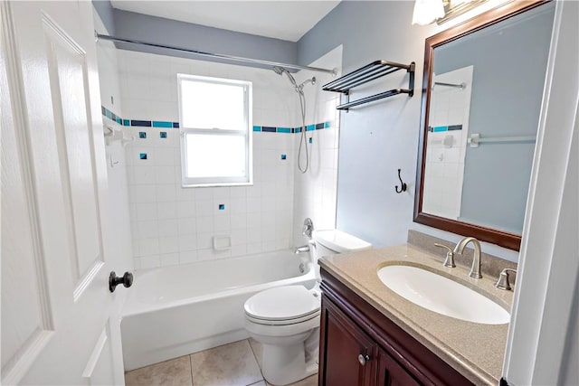 full bathroom with tile patterned floors, tiled shower / bath, vanity, and toilet