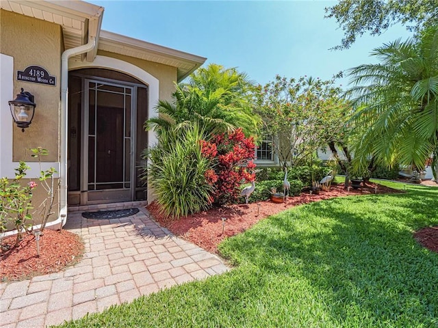 doorway to property with a lawn and stucco siding