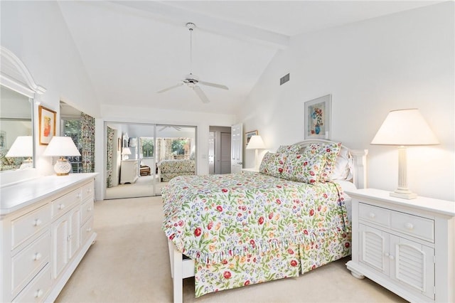1300 Ivy Ct Unit 209, Vero Beach, FL 32963 - bedroom with light carpet, beamed ceiling, high vaulted ceiling, and ceiling fan