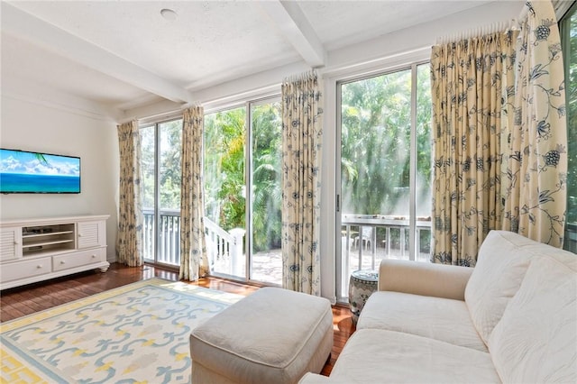 1300 Ivy Ct Unit 209, Vero Beach, FL 32963 - living room featuring beamed ceiling, wood finished floors, and plenty of natural light