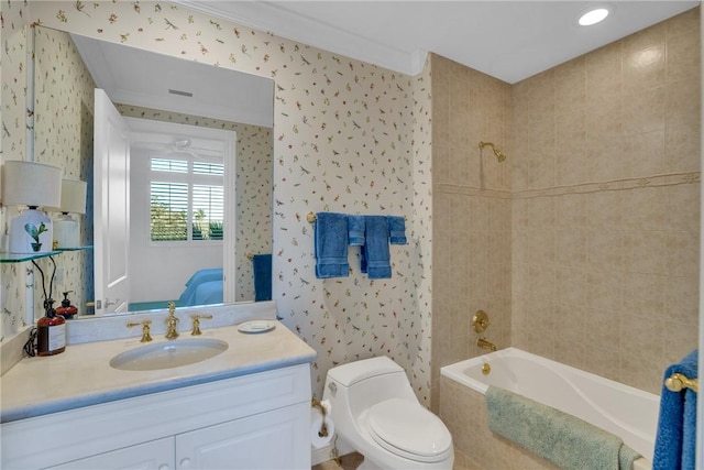 601 N Swim Club Dr Unit 3A, Vero Beach, FL 32963 - bathroom with wallpapered walls, vanity, shower / bath combination, ensuite bathroom, and crown molding