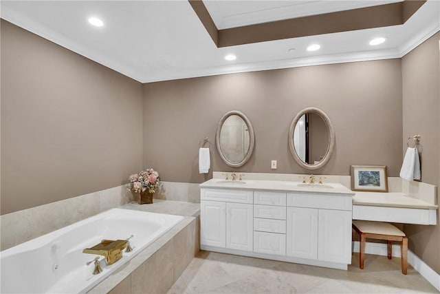 601 N Swim Club Dr Unit 3A, Vero Beach, FL 32963 - full bathroom featuring ornamental molding, double vanity, a tub with jets, and recessed lighting