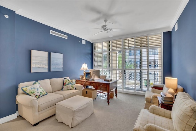 601 N Swim Club Dr Unit 3A, Vero Beach, FL 32963 - living area with a ceiling fan, light colored carpet, and crown molding