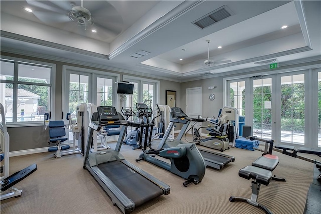 601 N Swim Club Dr Unit 3A, Vero Beach, FL 32963 - gym with a ceiling fan, a tray ceiling, ornamental molding, carpet floors, and recessed lighting