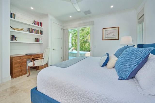 bedroom with recessed lighting, visible vents, access to exterior, and ceiling fan