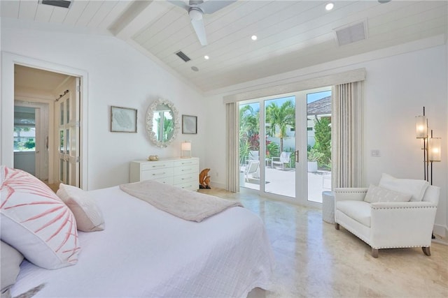 bedroom featuring visible vents, recessed lighting, vaulted ceiling with beams, and access to outside