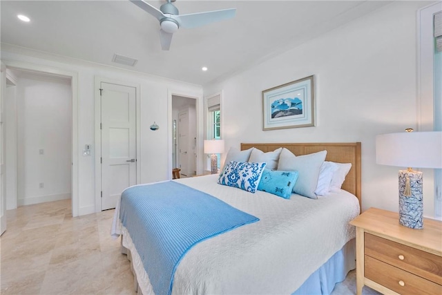 bedroom with visible vents, recessed lighting, and ceiling fan